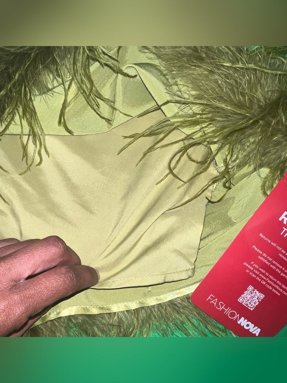 Fashion Nova One-Shoulder Lime Green Satin Feather Trim Blouse - Picture 10 of 14